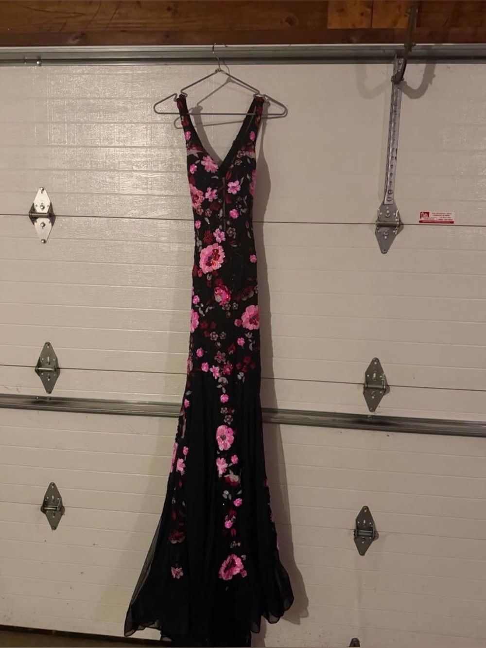 Alyce Paris Black Maxi Dress with Pink Floral Embroidery